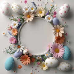 Naklejka na ściany i meble Easter background with empty space for text, a white circle surrounded by colorful Easter eggs and flowers, ai generated