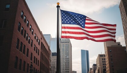 American flag in cityscape