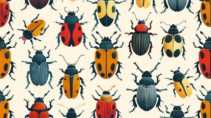 Modern illustration of beetles. Repeating pattern. Summer bugs, endless background for textiles, wrappings. Nature, repeatable texture for wallpaper, decor.