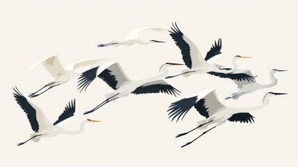 Fototapeta premium Flying cranes, egrets and herons. Winged feathered animals, birds flocking with long beaks, flying in the air, soaring, gliding in nature. Drawing of wild fauna.
