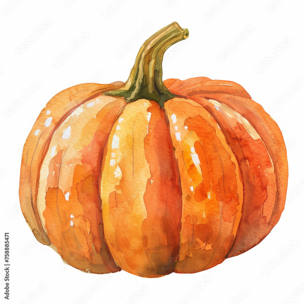 Wall mural Watercolor illustration of an orange pumpkin with a green stem on a white background, suitable for autumn-themed designs and Thanksgiving holiday decorations