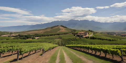 Fototapeta na wymiar A picturesque vineyard with rows of grapevines and a mountain backdrop