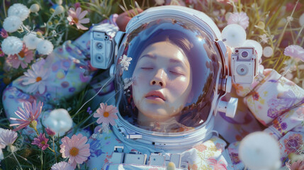 A tranquil astronaut's face is framed by flowers, symbolizing peace and a connection with nature