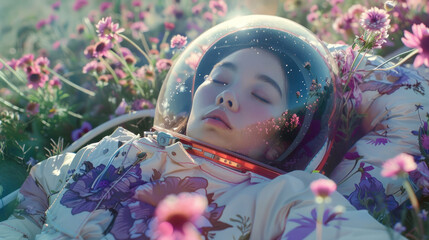 Image depicts a resting astronaut surrounded by flowers during a sunset, evoking calm and exploration