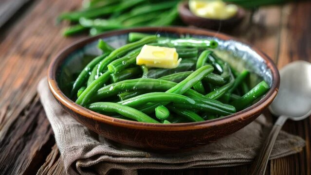 Zooming in on a Bowl of Steaming Green Beans with Butter
