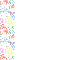 Spring floral frame with butterflies, bees and ladybugs. Seamless flowers background