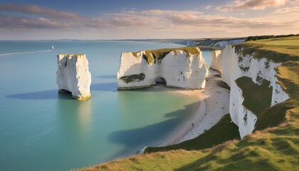 old harry rocks at Handfast Point, on the Isle of Purbeck in Dorset, southern England - obrazy, fototapety, plakaty