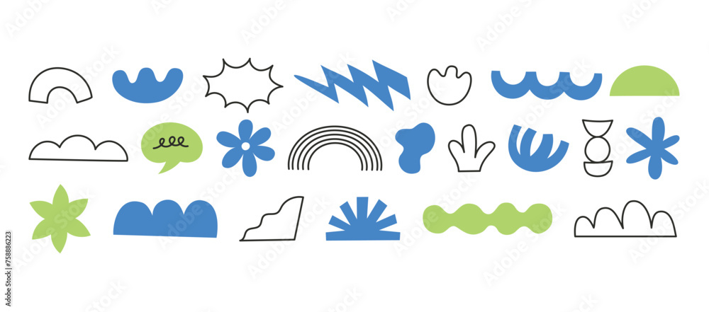 Poster Vector set of stickers, scribbles and doodles in simple linear hand drawn style with copy space, minimal monoline design elements for posters, social media, print, banners