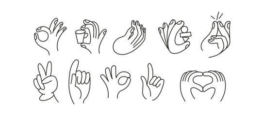 Vector line simple illustrations, hands and gesture in outline style - 758886252