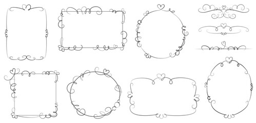 Set of elements, templates - cute vector hand drawn sketchy black outline frames, vignettes, page dividers with decorative elements, careless curls, spirals, hearts.