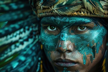 


Close-up of the face of an indigenous person from the Amazon jungle, the face is painted and he wears a headdress decorated with green feathers. Indian warrior portrait