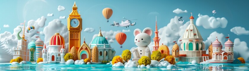 Illustrate a whimsical mouse character embarking on a global adventure across different continents, 3DCG - obrazy, fototapety, plakaty