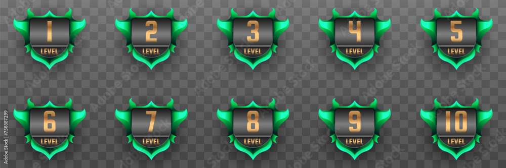 Poster fantasy green and gold themed game gui level up badges for game ui designs