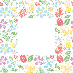 Spring floral frame with butterflies, bees and ladybugs. Seamless flowers background