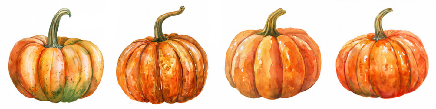 Set of four watercolor pumpkins, hand-painted with vibrant autumn hues, isolated on white background, ideal for Thanksgiving or fall-themed designs and decorations