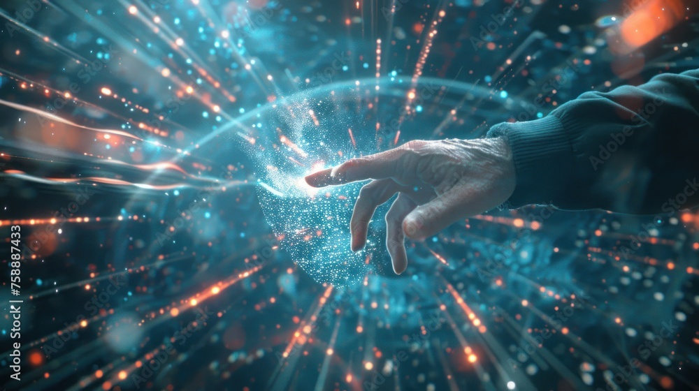 Poster hands of robot and human touching on big data network connection