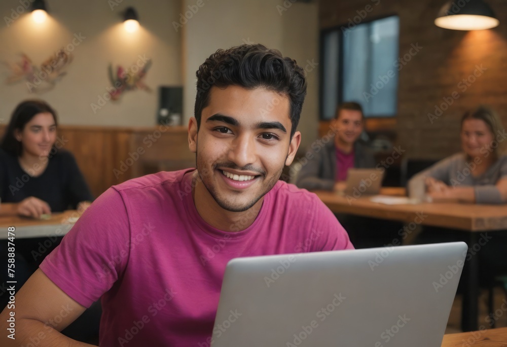 Wall mural A smiling man in a pink t-shirt working on his laptop.