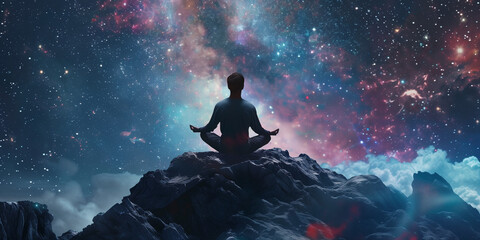 Open the mind into the universe and feel the spiritual aweking young man meditating on a meteor in...