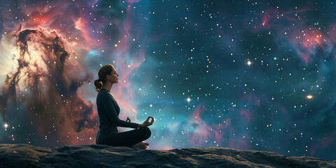 Open the mind into the universe and feel the spiritual aweking young woman meditating on a meteor in the galaxy background