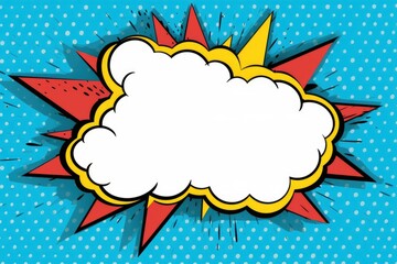 Bold and colorful comic style explosion cloud against a dotted blue backdrop in classic pop art tradition - obrazy, fototapety, plakaty