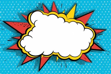 Poster Bold and colorful comic style explosion cloud against a dotted blue backdrop in classic pop art tradition © Lubos Chlubny