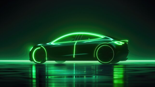 Green neon glowing in the dark electric car on high speed running concept.