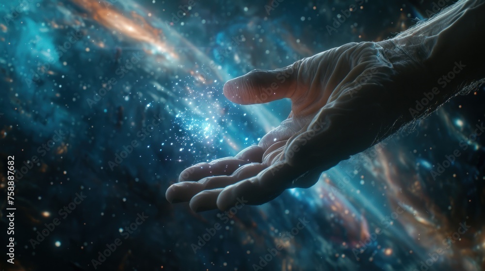 Poster hands of robot and human touching on big data network connection