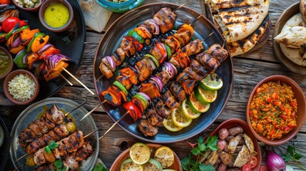 Dinner table with grilled lamb kebab, chicken skewers with roasted vegetables and appetizers...