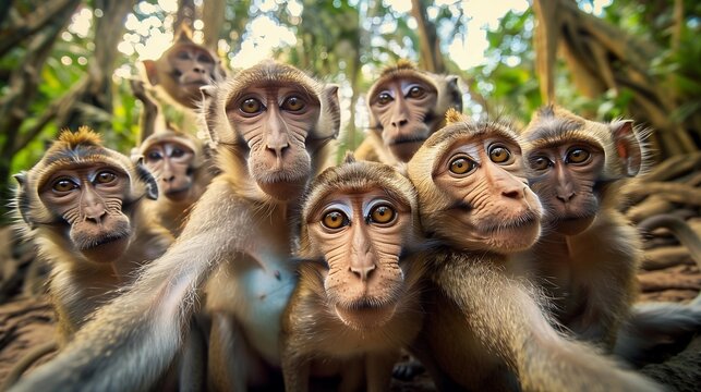 a group of macaques taking selfie