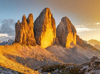 The early morning sun casts a warm, golden glow over the rugged peaks of Tre Cime di Lavared - obrazy, fototapety, plakaty