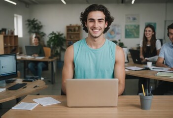 A relaxed man in casual attire works on his laptop. He is seated in a collaborative office environment.