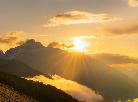 Sunrise over the alps with a cloud cover, in the style of graflex speed graphic, panorama