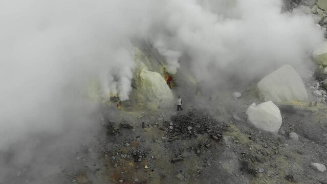 Banyuwangi, Indonesia - 11 May 2021: Aerial view of mount Kawah Ijen crater in East Java, Banyuwangi, Indonesia