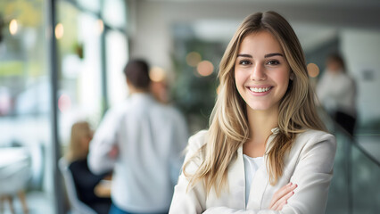 Young and confident businesswoman stand crossed arms with office background - Powered by Adobe