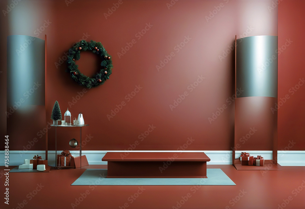 Poster empty red background and stand display or shelf with studio for showing or design christmas concept.