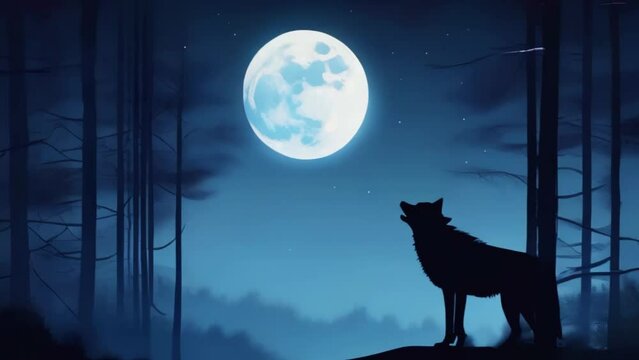 Wolf howling at the moon. Wild animal at night, silhouette of wolf, nature landscape, Generative AI