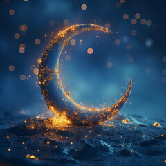 Shiny blue and golden crescent moon on blue background for the occasion of Muslim community festival Eid-Al-Fitr, ai technology - obrazy, fototapety, plakaty