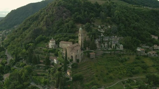 Aerial view of Morcote a village at Switzerland on the Shores of Lake Lugano at sunset