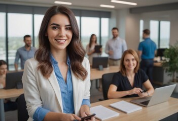 Fototapeta premium A businesswoman smiling with a tablet in a busy office.