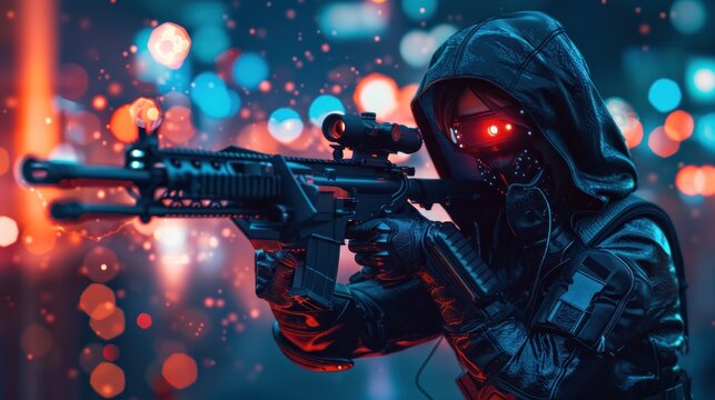 Fototapeta Futuristic woman in hooded leather jacket wears night vision helmet