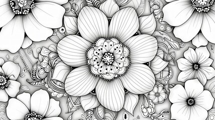 Kolorowanka, czarno-białe kwiaty wiosenne. Szczegółowe detale liści i płatków są wyraźnie widoczne. Kompozycja jest zrównoważona i estetyczna. - obrazy, fototapety, plakaty