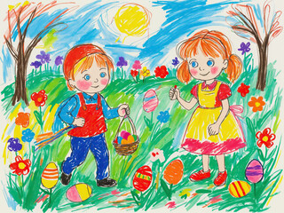 kids search for easter eggs in spring garden childish crayon drawing hand drawn illustration style