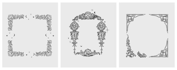 Hand drawn vector abstract outline,graphic,line vintage baroque ornament floral frame in calligraphic elegant modern style.Baroque floral vintage outline design concept.Vector antique frame isolated. - 758889299