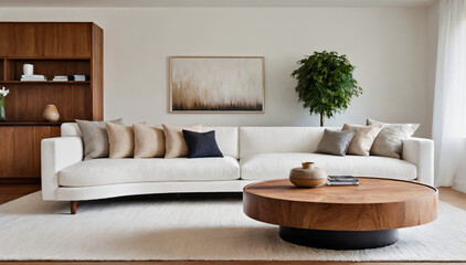 Elegant living room with round coffee table. White sofas, minimal and elegant furniture, living room plants, interiors, furnishings, ideas for the home. Mirrors, cushions, books and ornaments.
