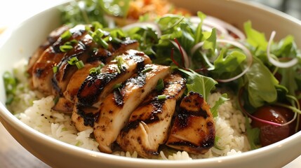 Grilled Chicken Rice Bowl Delight, succulent, greens, food, delicious
