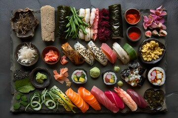 Artistic Sushi Ingredients Display, vibrant colors, textures, Japanese cuisine, culinary
