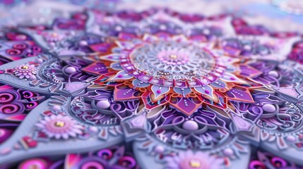 Szczegółowe zbliżenie fioletowego i różowego wzoru mandali w 3d, z elementami geometrycznymi i abstrakcyjnymi. - obrazy, fototapety, plakaty