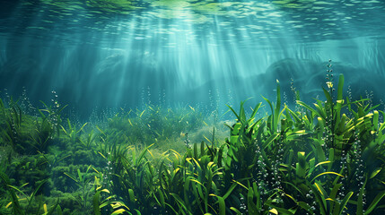 A realistic photo of an underwater grassy field, the sea is calm and clear with sunlight shining...