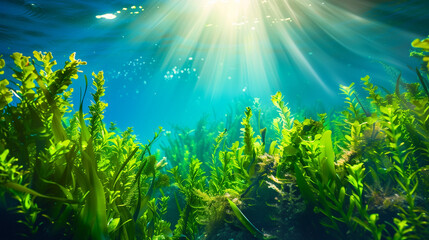 A magical underwater scene with sun rays shining through the water, illuminating green aquatic plants and sea grasses. The blue ocean is visible at shallow depths