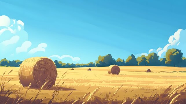 Scenic Farmland with Round Straw Bales, countryside, agriculture, rural landscape, blue sky
